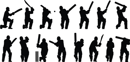 Dynamic Collection of Cricket Batsman Silhouettes Showcasing Various Batting and Fielding Action Poses for Sports and Game Design.