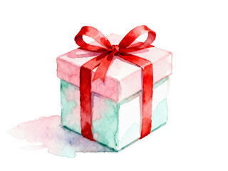 Watercolor Gift of Joy: A beautifully rendered watercolor depicts a charming gift box, its delicate form adorned with a vibrant red ribbon. A symbol of generosity and celebration.