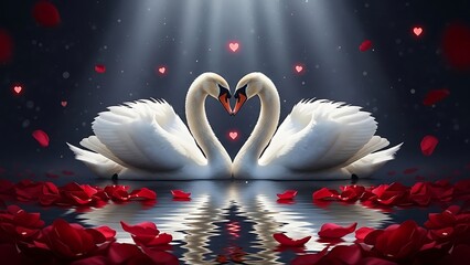 Two swans forming a heart shape on dark water with floating rose petals
