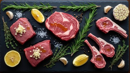Raw meat selection with herbs, garlic, and lemon on slate board