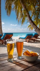 Beer and Chips on a Tropical Beach with Palm Trees