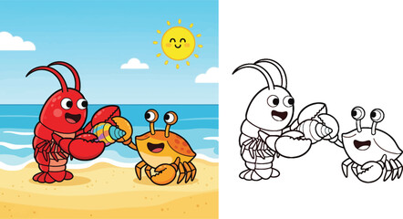 Cute cartoon lobster and crab friends holding a colorful seashell on the beach. Vector illustration of happy sea animals playing on sand under a smiling sun.