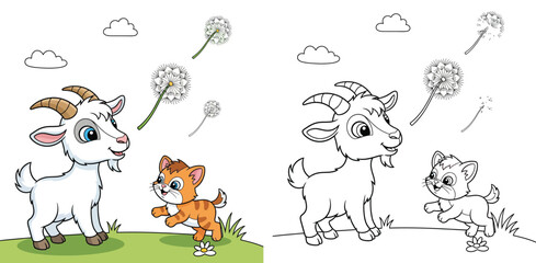 Cute cartoon goat and kitten playing together in a meadow. Vector illustration of farm animal friends with floating dandelions isolated on white background.