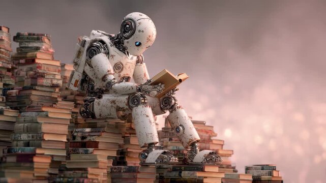 Robot sitting on a pile of books, deeply engaged in reading, surrounded by a dreamy, glowing background