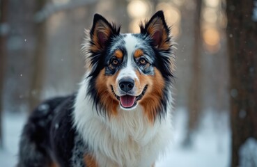 Australian shepherd dog stands in snowy winter forest, looking at camera with happy expression and tongue out. Furry pet enjoys cold weather, nature, outdoors. Vertical shot.