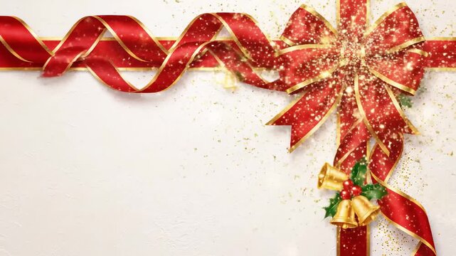 Christmas ribbon bow tying itself with golden glitter on a white background