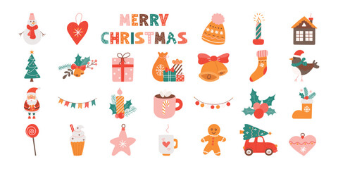 Naklejka premium Festive Christmas Collection | Snowman, Ornaments, Gifts, Candle, Tree, Stocking, Bell, Gingerbread, Hot Chocolate, Wreath, Holly