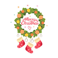 Christmas Holiday Wreath | Oranges, Greenery, Stockings, Heartwarming Merry Christmas, Seasonal Festive Illustration, Wintertime Decor