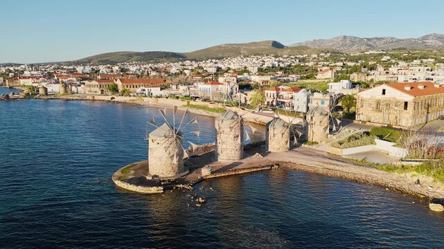 Wind Mills of sea coast of Chios Island on Aegean sea, Greece islands. Aerial view