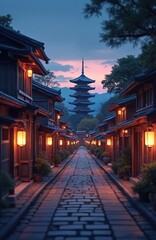 Fototapeta premium Scenic view in old Japanese village. Pagoda tower rises above old wooden houses. Lanterns illuminate streets at twilight. Tranquil scenery features architecture, nature, culture, heritage. Tourist