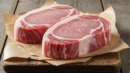 Fresh raw pork chops on rustic wooden board with parchment paper