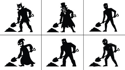 Superhero villains and spooky characters digging with shovel and dirt pile. © CreativeStorage