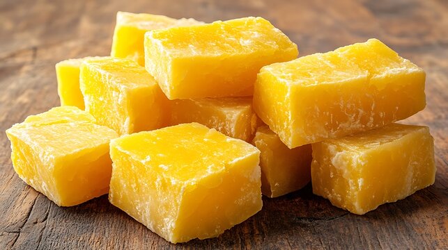 Stacked blocks of fresh with yellow beeswax on rustic wooden table. - Powered by Adobe