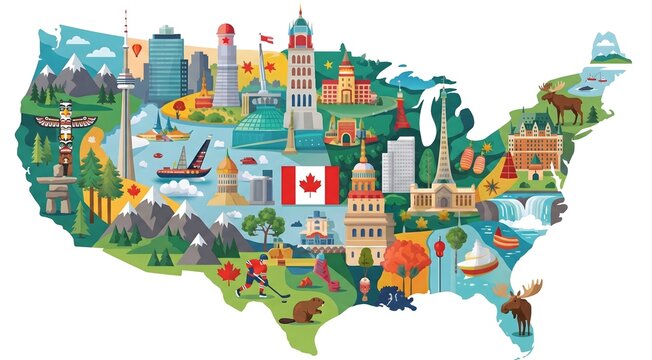 USA map silhouette filled with Canadian culture icons and landmarks concept