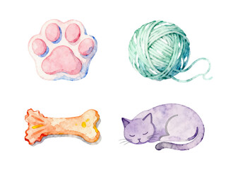 Pet Essentials Watercolor Illustration: A delightful watercolor illustration showcases a collection of pet essentials, including a paw print, a ball of yarn, a bone, and a sleeping cat.