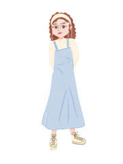 A cute cartoon illustration of a young woman standing confidently in a casual outfit, wearing a light blue overall dress over a cream or yellow long-sleeved shirt, with white sneakers.