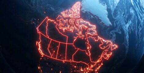 Glowing red neon outline map of Canada on dark earth background