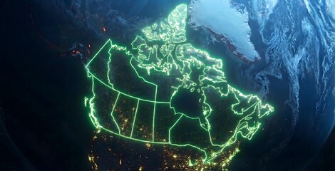Glowing green neon outline map of Canada on dark background digital concept