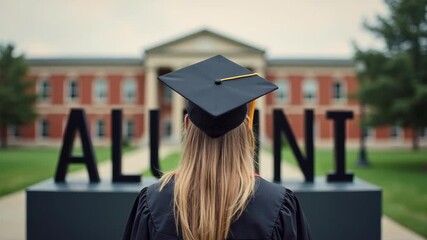 Alumni Pride with Graduation Cap. ALUMNI sign in front of an academic building 
