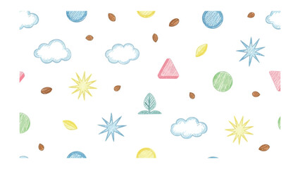Whimsical Watercolor Patterns: A cheerful watercolor pattern, adorned with playful cloud, sun, and leaf designs. capturing the joy and vibrant colors. 