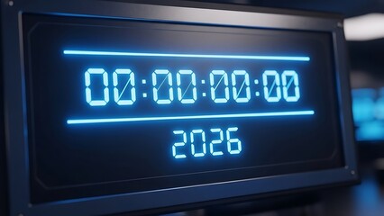 “Happy New Year 2026 celebratory background featuring a futuristic AI-inspired digital glow design, neon lights, modern abstract shapes, festive atmosphere, high-resolution creative artwork suitable f