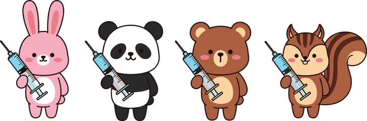 Cute animals holding syringes in a health and vaccination theme, featuring bunny, panda, bear, and squirrel in kawaii style.