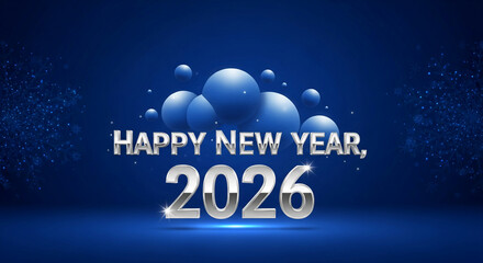 Illustration of a blue background with silver text "Happy New Year, 2026" and light blue sphere shapes, representing festive occasion and celebration
