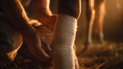 A person wraps a bandage around a horse's injured leg in a stable. The warm light fills the space, creating a focus on the needed care for the animal