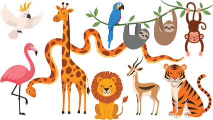 Cute vector illustration set of jungle and safari animals including giraffe, tiger, lion, sloth, flamingo, monkey, snake, and parrot.