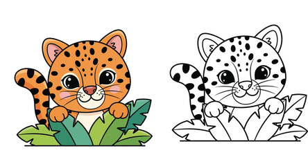 Cute cartoon leopard cub peeking over green tropical leaves. Vector illustration of a happy baby jaguar or cheetah isolated on white background. © MstSangita