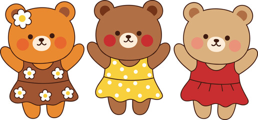 Cute vector illustration set of three cartoon teddy bears wearing colorful dresses, perfect for children’s designs, stickers, and nursery themes.