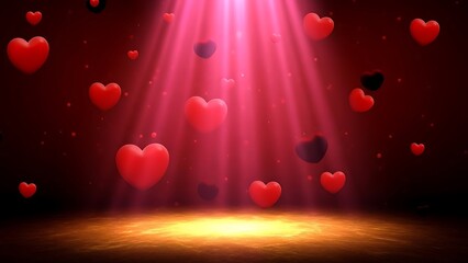 Dramatic spotlight shines down on floating red hearts in a dark romantic scene