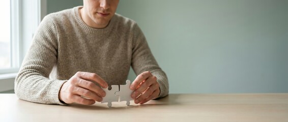 Thoughtful man with empty jigsaw puzzle piece at desk illustrating anxiety and problem solving
