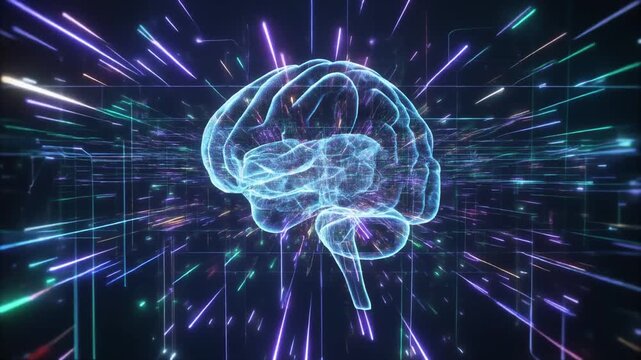 A sophisticated 3D visualization of an artificial intelligence brain. This clip is highly relevant for content regarding AI ethics, biotechnology, future computing, and mental health research.