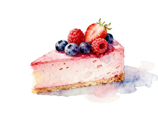 Berry Delight Cheesecake Slice: A delectable watercolor illustration of a slice of cheesecake, topped with a medley of fresh berries. A visual feast for dessert lovers.