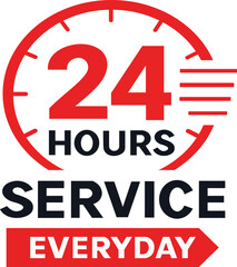 A bold and modern 24 hours service icon featuring a red speedometer-style graphic with the number &ldquo;24&rdquo; in large text, the word &ldquo;HOURS&rdquo; beneath it, and &ldquo;SERVICE&rdquo; written in strong black lettering. At t