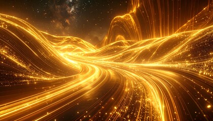 Futuristic gold landscape with luminous lines flowing across rolling hills under a starry sky