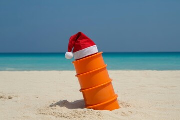 Festive orange bucket wearing a Santa hat buried in bright tropical sand against turquoise ocean backdrop
