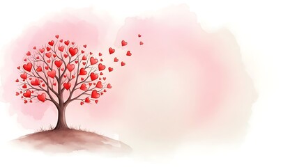Watercolor painting of a vibrant tree with red leaves against a soft pink background