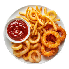 Crispy Onion Rings and French Fries with Ketchup isolated on transparent background