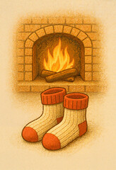 Wool socks placed near a cozy fireplace with a warm fire