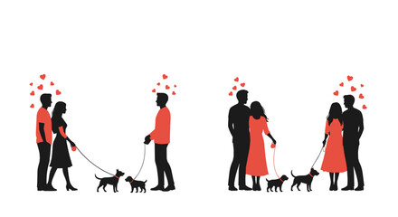 Couple walking dog silhouette with heart icon