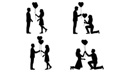 Silhouette couple with heart balloon set