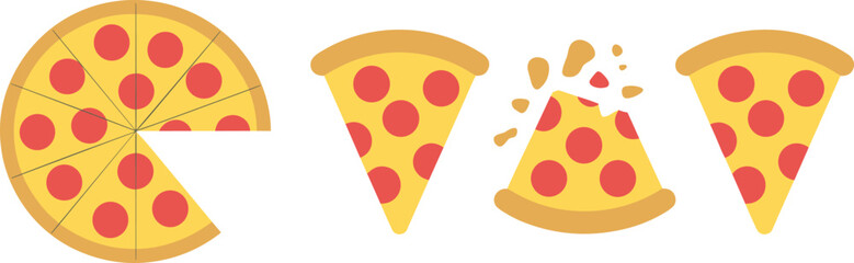 Flat cartoon illustration set of whole pepperoni pizza and slices, including bitten slice, fun food graphics perfect for menus, icons and branding