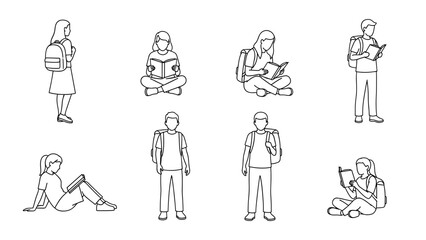 Fototapeta premium Set of line art drawing of student people reading and standing