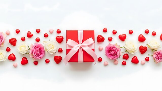Festive gift boxes with floral decorations and red hearts on a white background - Powered by Adobe