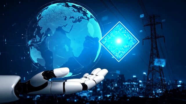 A robot hand presents a glowing digital cube with a globe in the background, power lines visible