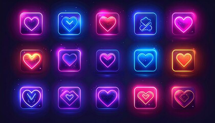 heart icon grid with glowing squares in pink, blue, purple, and orange on dark background.