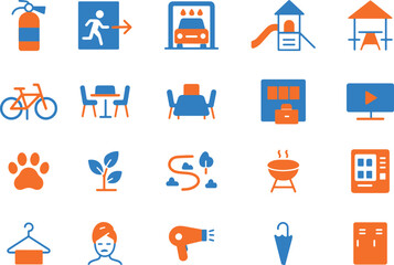 Hotel amenities and services icon set with essential facilities and leisure options for guests in blue and orange