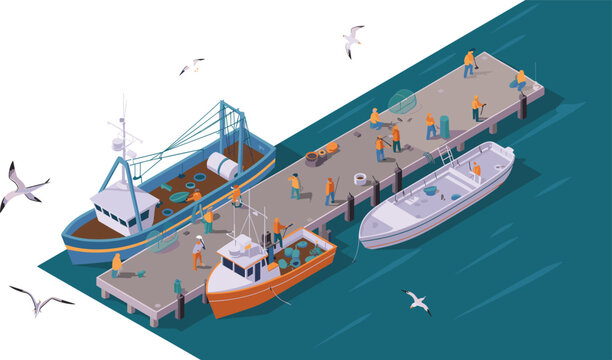 Isometric illustration of a busy fishing harbor with boats, fishermen, docks, equipment, and seagulls, depicting marine industry and coastal activity